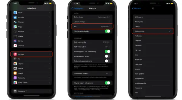 Na ekranie iPhone'a widać ustawienia muzyki, gdzie wybrano gotowe ustawienia equalizera: "Elektroniczna".