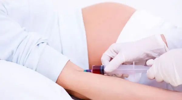 Pobieranie krwi u ciężarnej do badań, które mogą wykazać wysoki cholesterol w ciąży.