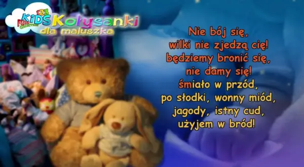 Pluszowe misie i króliczek na tle nocnego nieba z tekstem piosenki.