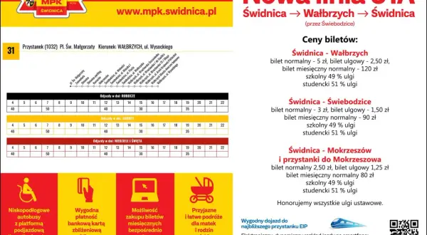Linia 31A Świdnica-Wałbrzych-Świdnica: cennik biletów normalnych i ulgowych, rozkład jazdy.