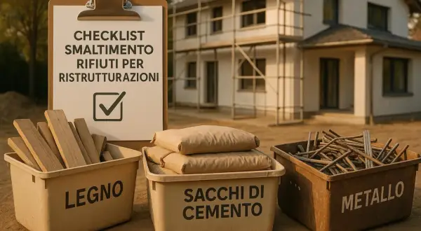 Checklist per lo smaltimento rifiuti edili in cantiere: legno, sacchi di cemento e metallo.