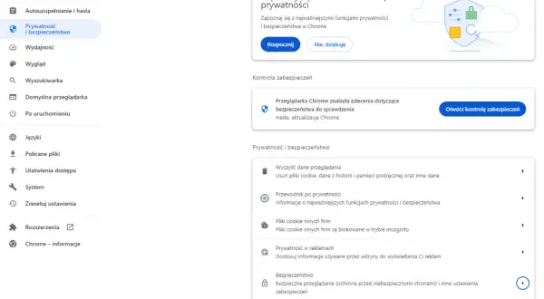 Ustawienia prywatności i bezpieczeństwa w Chrome. Przeglądarka ostrzega o niebezpieczna strona i oferuje kontrolę zabezpieczeń.