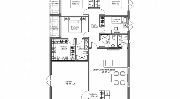 Planos de casas de 150m2 en una planta con garaje. Incluye 4 dormitorios, 2 baños, vestidor, terrazas y salón-comedor-cocina.