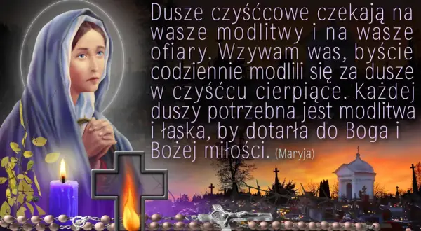 Obraz Matki Boskiej z zapaloną świecą, krzyżem i cmentarzem w tle.