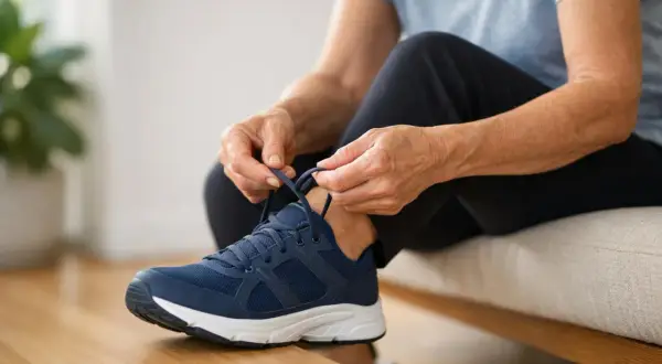 Mani anziane allacciano scarpe blu, affrontando la mancanza equilibrio gambe per un passo sicuro.