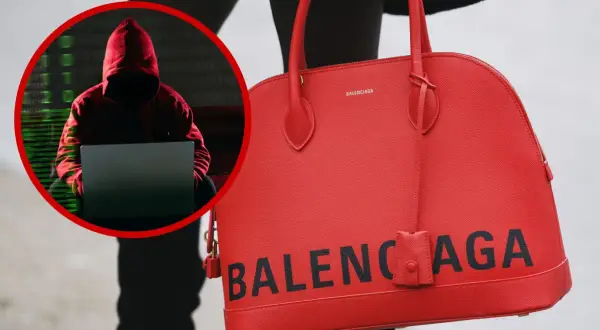 Haker w czerwonej bluzie z kapturem przy laptopie, obok czerwona torebka z napisem BALENCIAGA. Czy to balenciaga co to za firma?