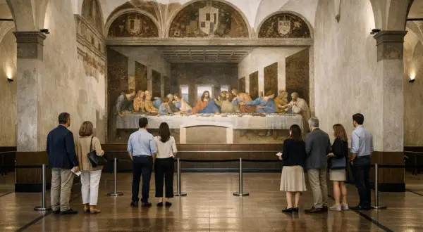 Ostatnia Wieczerza. Tłum turystów z biletami podziwia słynny fresk Leonarda da Vinci.