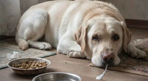 Labrador triste y enfermo, con espuma saliendo de su boca. Parece que mi perro no para de vomitar.