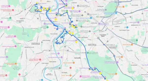 Rom in 3 Tagen: Karte mit einer blauen Route, die Sehenswürdigkeiten wie das Kolosseum, den Vatikan und die Engelsburg verbindet.