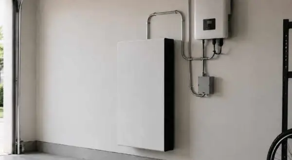 Biały magazyn energii i falownik na ścianie garażu. System zapewnia niezależność energetyczną.