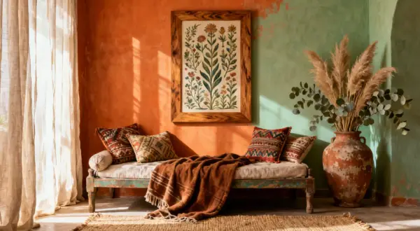 En bohemisk soffa med mönstrade kuddar och en brun pläd. Väggen är målad i orange och grönt, med ett konstverk av blommor ovanför soffan. En stor vas med pampasgräs står bredvid.