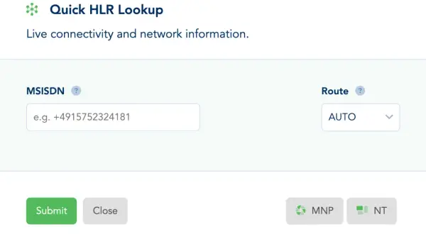 Formularz "Quick HLR Lookup" z polem na wpisanie numeru MSISDN, np. +4915752324181, i wyborem trasy AUTO.