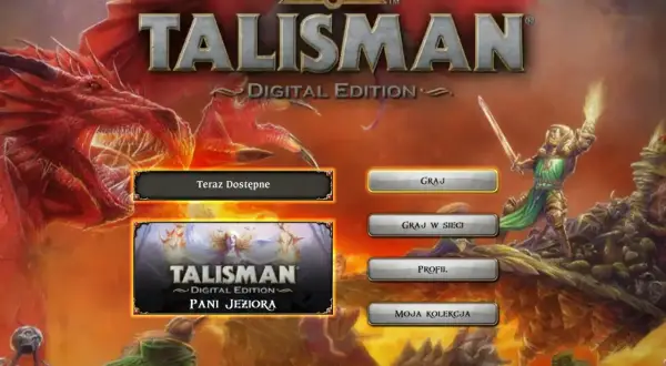 Smok i rycerz na tle Talisman Digital Edition. Spolszczenie gry "Pani Jeziora" dostępne. Graj, graj w sieci, profil, moja kolekcja.