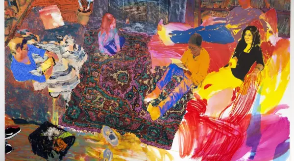 Vibrant contemporary figurative art depicts a family gathered in a colorful living room, with a child reading on a patterned rug.