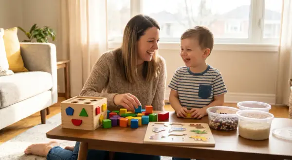 Mama i syn śmieją się, bawiąc kolorowymi klockami i sorterem kształtów. To wspaniałe zabawki stymulujące rozwój dziecka.