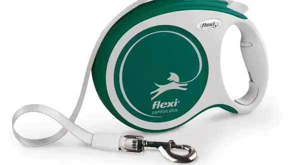 Laisse à enrouleur Flexi Comfort Plus verte et blanche, avec un chien stylisé. Idéale pour les promenades de votre compagnon.