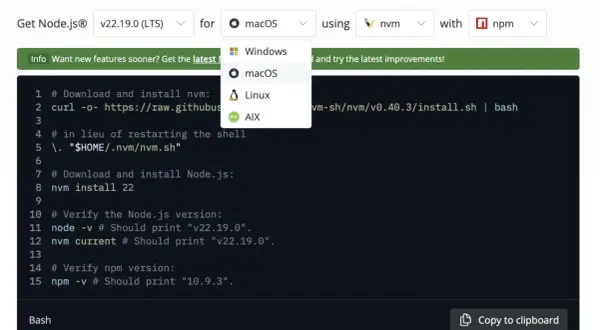Instructions pour installer Node.js sur Ubuntu via nvm. Le code montre le téléchargement et l'installation de nvm, puis de Node.js.