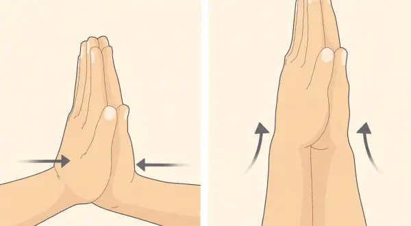 Mani giunte in preghiera, con frecce che indicano come scrocchiare il polso con una leggera pressione.