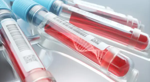 Blodprovsrör med rött blod och DNA-spiral. Kan användas för att identifiera blodgrupp.