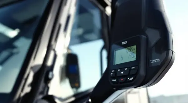 Un chronotachygraphe numérique, obligatoire pour les chauffeurs, affiche les données de conduite sur un écran.