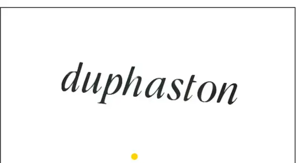 Napis "Duphaston" w eleganckiej czcionce, często stosowany w ciąży.