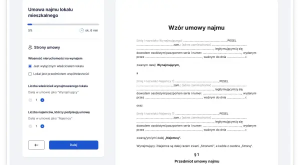 Formularz tworzenia umowy najmu mieszkania z polami do wypełnienia danych stron i przedmiotu umowy.