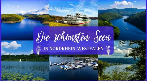 Schöne Seen in NRW laden zum Spazieren gehen ein. Die Collage zeigt verschiedene Wasserlandschaften mit Booten und grünen Ufern.