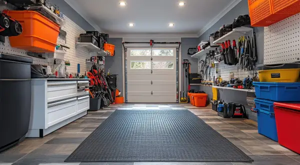 Un garage ordinato con pareti grigio-azzurro e arancioni contenitori. Ottima ispirazione su di che colore pitturare il garage per un look moderno e funzionale.