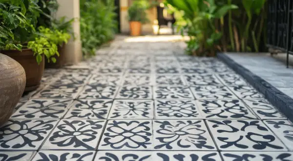 Un chemin bordé de plantes mène à une allée pavée de carreaux de ciment décorés, prêts à être poncés pour révéler leur beauté.