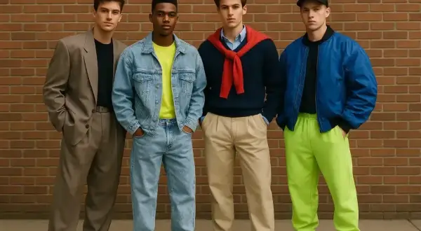 Czterech młodych mężczyzn prezentuje styl lat 80. moda: luźne garnitury, dżinsowe kurtki, swetry i neonowe dresy.