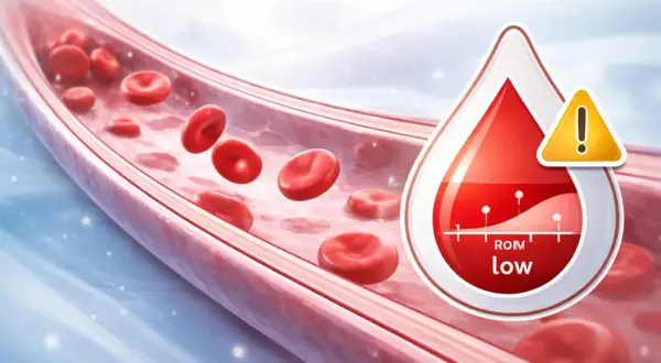 Flusso sanguigno con globuli rossi bassi. Indicatore di ROM basso in una goccia di sangue con un avviso.