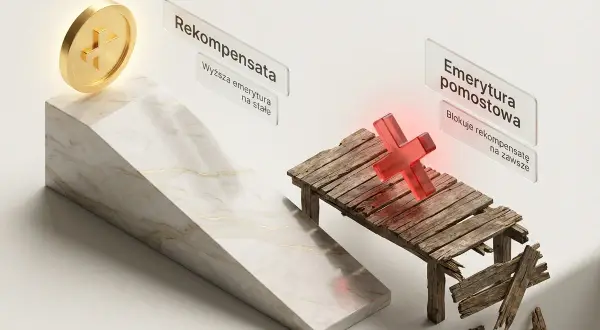 Złota moneta na eleganckim podwyższeniu symbolizuje nagrodę. Obok zniszczony pomost z czerwonym krzyżem, oznaczający emeryturę pomostową blokującą rekompensatę.