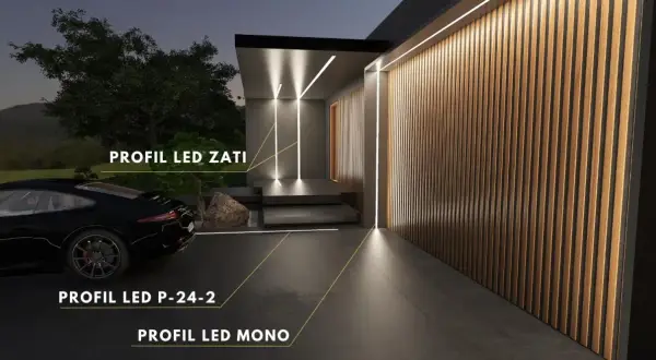 Nowoczesna willa z eleganckim oświetleniem. Profil LED w podbitce podkreśla architekturę, a pionowe linie światła na drewnianej elewacji tworzą przytulną atmosferę.