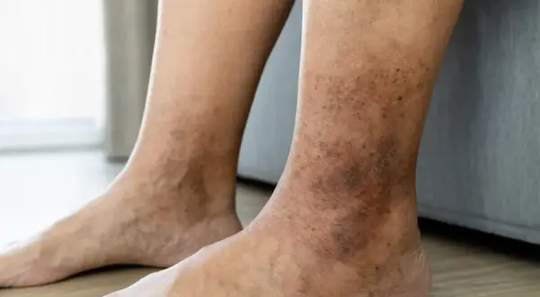 Gambe con macchie scure e arrossate, che suggeriscono prurito agli arti inferiori.
