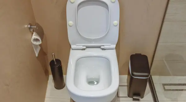 WC bianco con tavoletta alzata, scopino, portarotolo e cestino. La distanza scarico wc dal muro sembra adeguata per un uso confortevole.