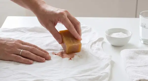 Hand reibt mit Kernseife über Blutfleck auf weißem T-Shirt. So lässt sich blut aus kleidung entfernen.
