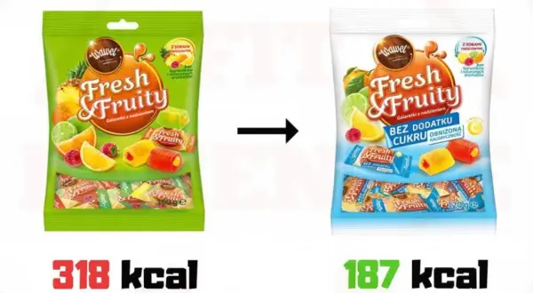Porównanie opakowań galaretek Fresh&Fruity: tradycyjne (318 kcal) i bez dodatku cukru (187 kcal).