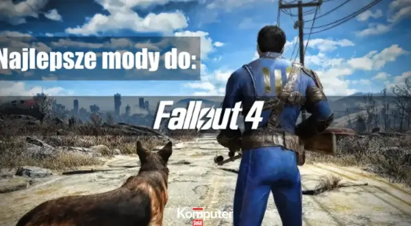 Najlepsze mody do Fallout 4: postać w niebieskim kombinezonie z psem na tle postapokaliptycznego krajobrazu.