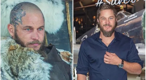 Travis Fimmel, znany z roli Ragnara Lothbroka w serialu "Wikingowie", w dwóch odsłonach: jako wojownik i na evencie.