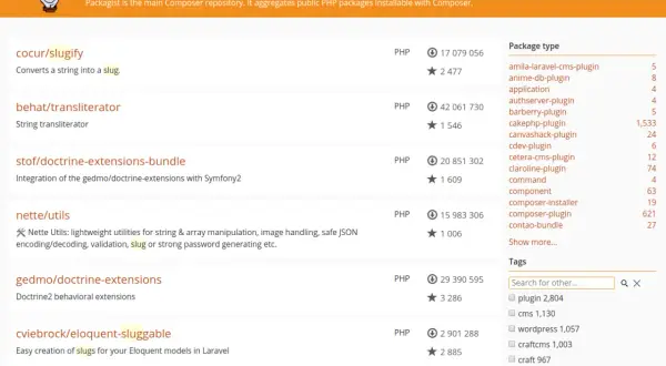 Page Packagist affichant des paquets PHP. Recherche de "slug" pour installer Composer sur Ubuntu.