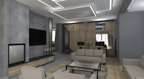 Nowoczesny salon z betonową ścianą, kominkiem i telewizorem. Stylowe **oświetlenie punktowe bez sufitu podwieszanego** tworzy unikalny klimat.