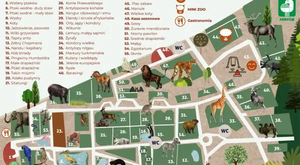 Mapa zoo w Krakowie z zaznaczonymi zwierzętami i atrakcjami.