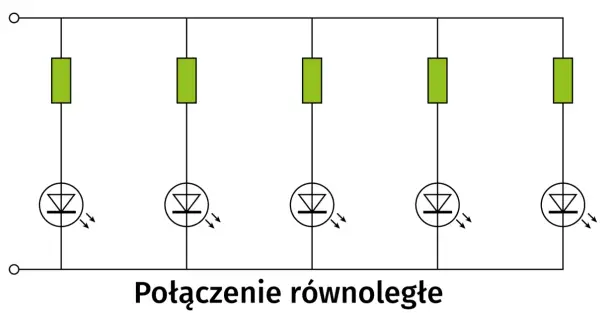 Schemat połączenia równoległego rezystorów z diodami LED. Pokazuje, jak podłączyć rezystor kierunkowskazów LED.