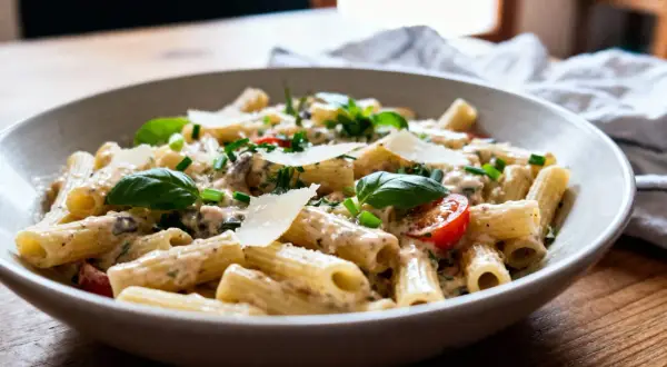 Un plat de pâtes crémeuses, garni de basilic frais, de copeaux de parmesan et de tomates cerises. Un assaisonnement salade de pâtes parfait pour un repas savoureux.