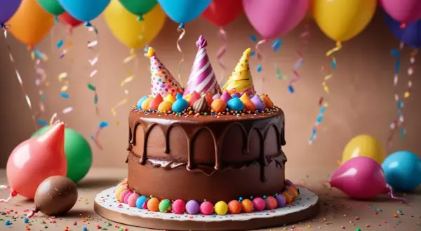 En härlig chokladtårta med färgglada partyhattar och dekorationer, perfekt för en barnkalas. Ballonger och konfetti skapar en festlig stämning.