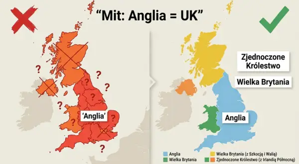 Podział administracyjny Anglii i Wielkiej Brytanii. Mapa pokazuje błędne utożsamianie Anglii z UK.