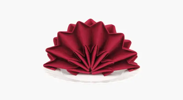 Pliage serviette tissu noël en forme d'étoile, rouge profond, sur une assiette blanche. Une touche festive pour votre table.