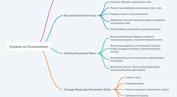Mapa myśli o czytaniu ze zrozumieniem: definicja, kluczowe elementy procesu, poziomy rozumienia tekstu i strategie wspierające. Pokazuje, jak czas w literaturze wpływa na interpretację.