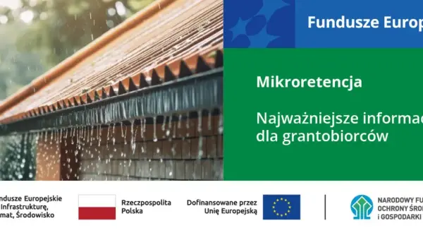 Deszcz spływa z dachu, ilustrując program "Moja woda" i mikroretencję. Informacje dla beneficjentów.