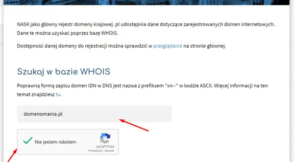 Baza WHOIS pozwala sprawdzić dane domen .pl. Wpisz nazwę domeny, np. domenomania.pl, i kliknij "Szukaj w bazie WHOIS".